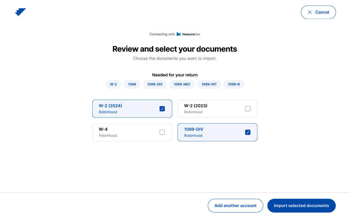 Select documents and import them into the request
