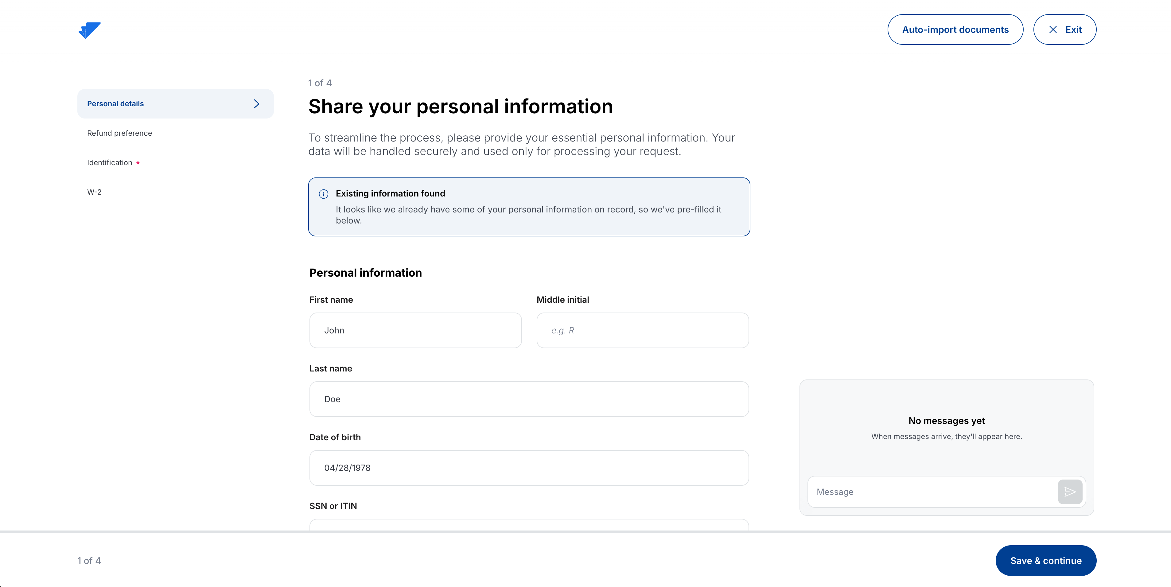 Personal information step in the document checklist