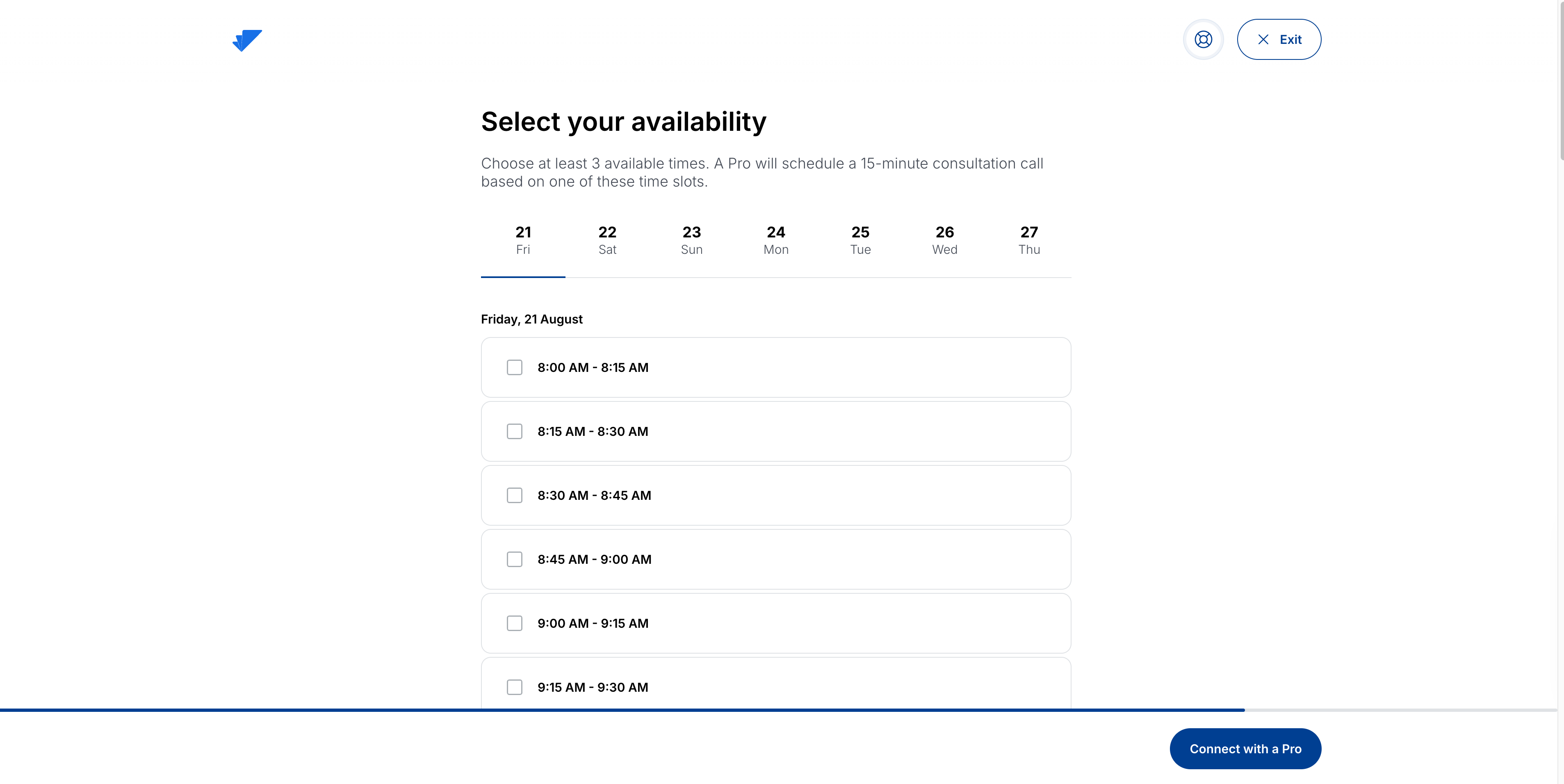 Select available dates and times for a consultation