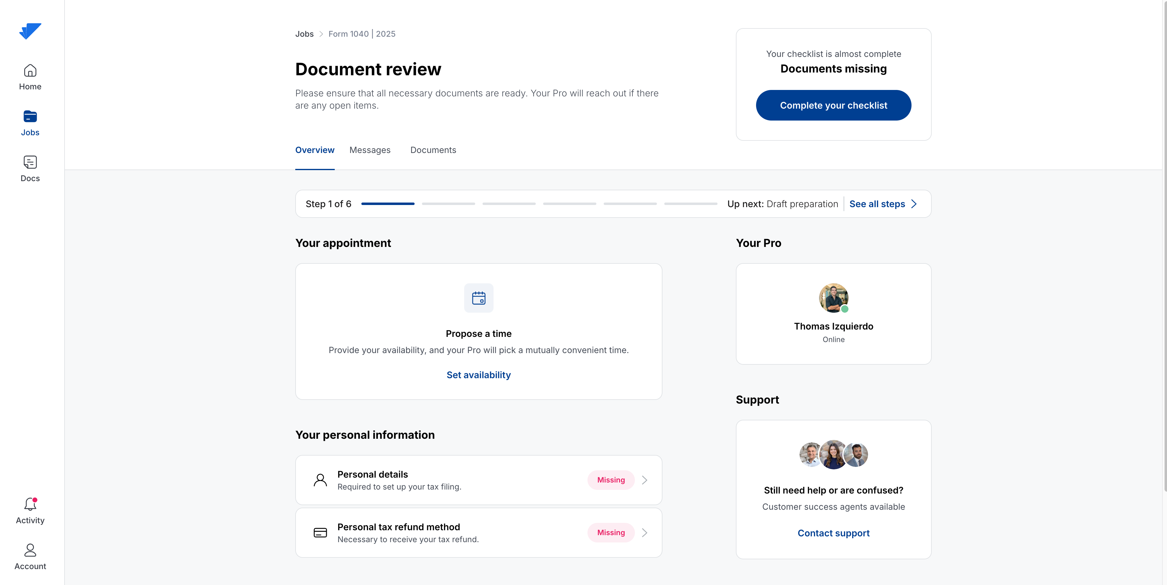 Appointment setup on an existing tax job