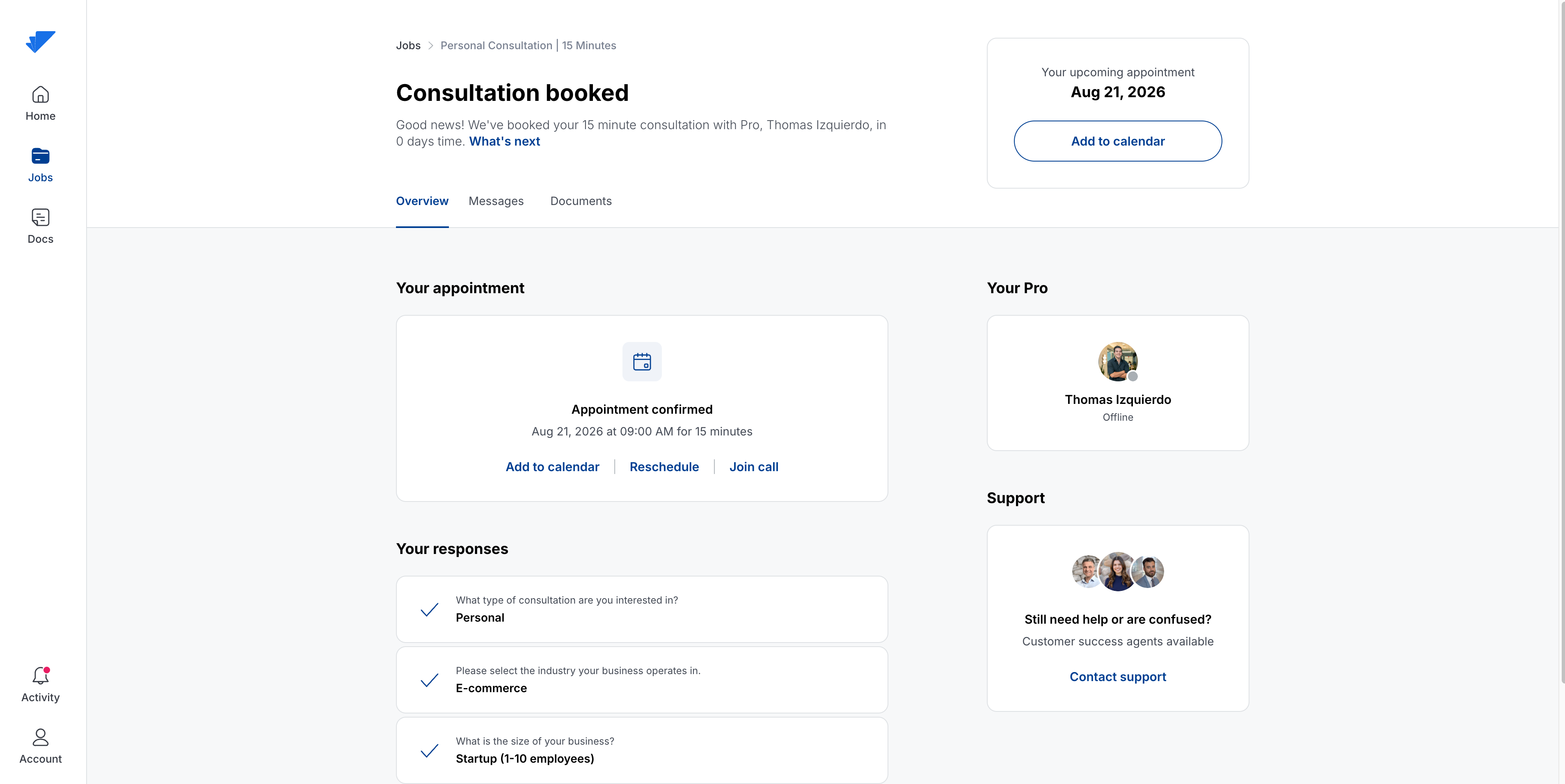Confirmed consultation appointment with calendar and call options