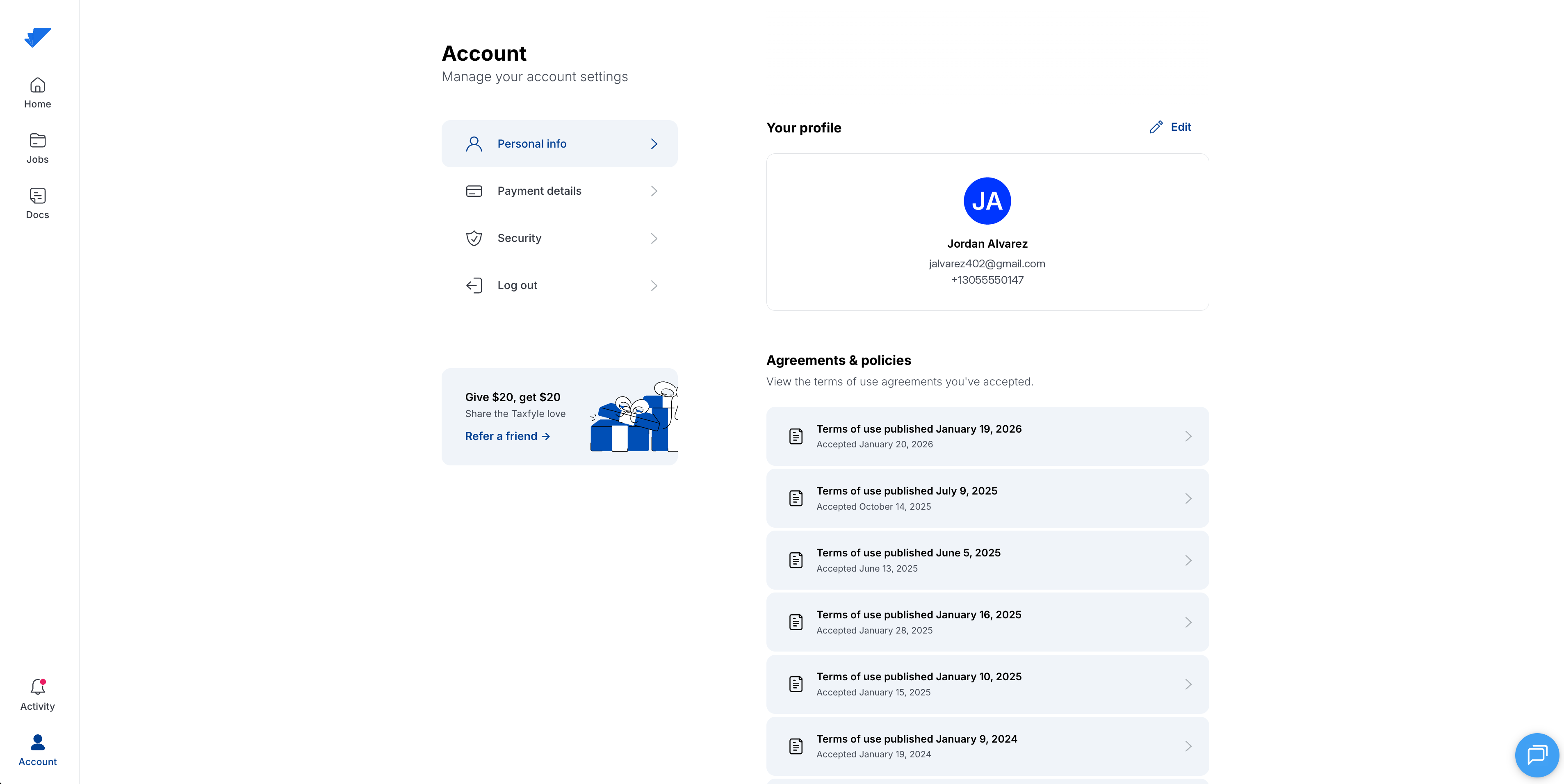Personal info settings with the Edit profile option