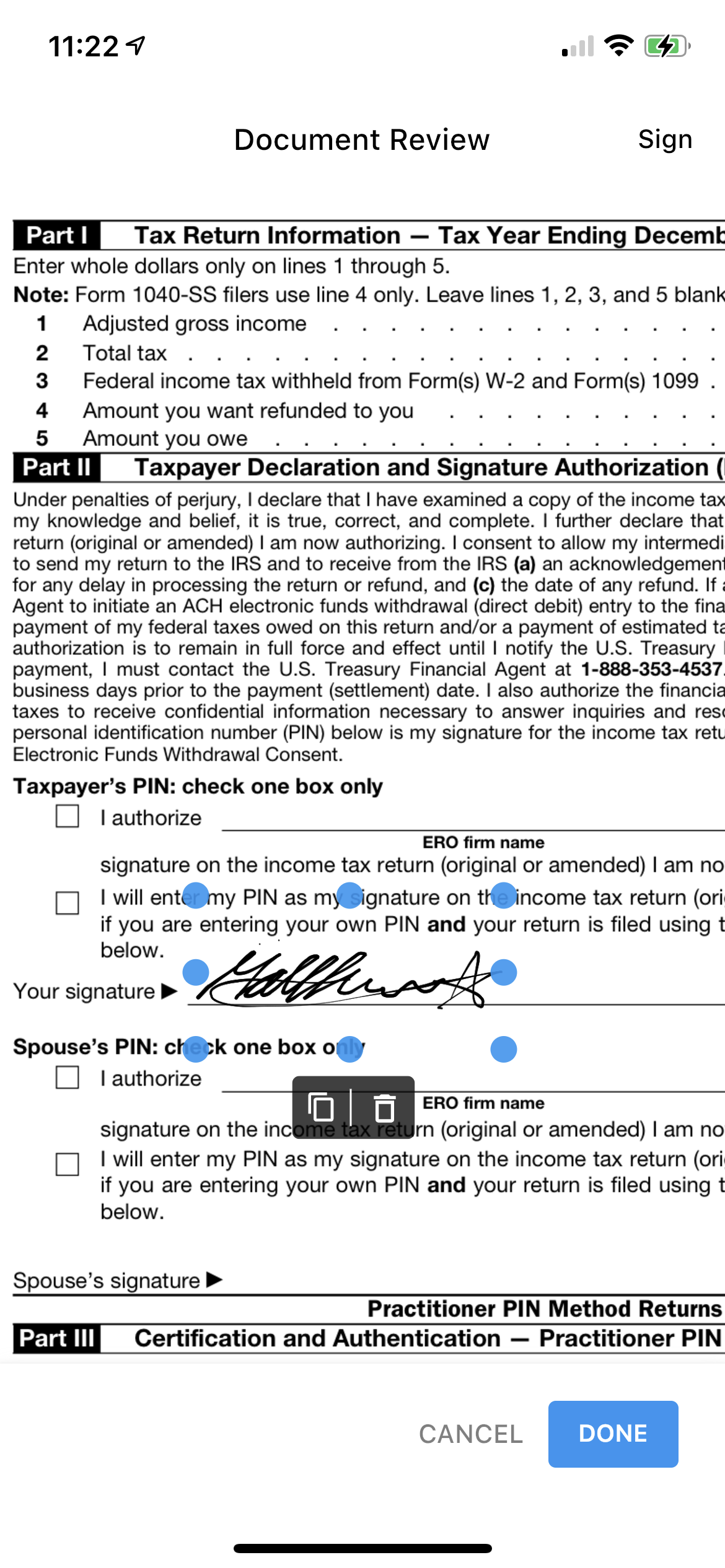 Position and resize the signature on the document