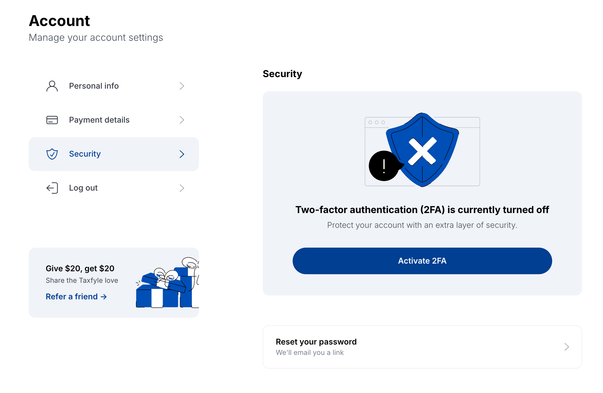 Activate two-factor authentication in desktop account security